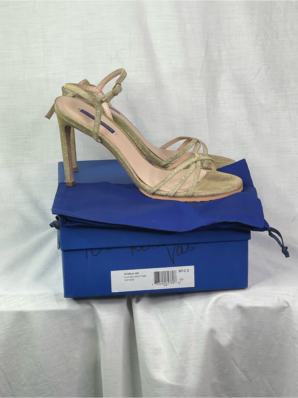 Stuart Weitzman Starla 105 Platino Gold Glitter Strappy Heels Sandals Size 12